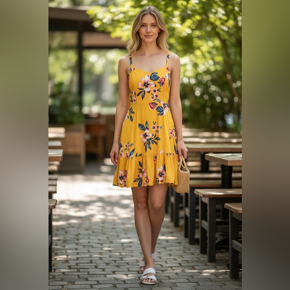 Old Navy Yellow Floral Cami Dress Smocked Back Sleeveless Sundress Size M